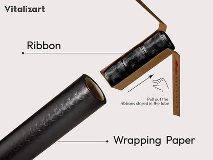 Vitalizart Black Metallic Grid Wrapping Paper Set 17" With Organza Ribbon & Gift Tags Christmas Gift Wrapping Birthday Baby Shower Wedding Bouquets Handmade Crafts 197"(16.4 Ft) Black Ribbon