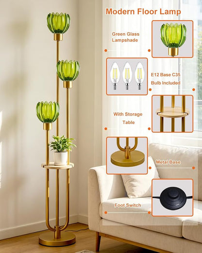 Lightdot 3-Lights Glass Floor Lamp for Living Room Modern Gold Floor Lamps with Lotus Green Glass Shade& Bulbs Included for Wedding/Party Tall Standing Lamp for Bedroom/Sofa Beside/Corner Decor