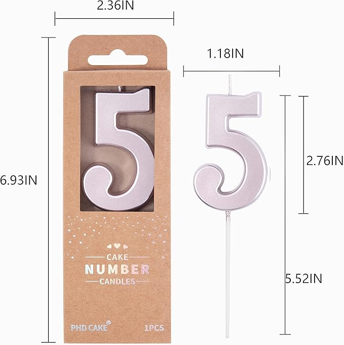 PHD CAKE 2.76 Inch Modern Rose Gold 5 Number Birthday Candles, Cake Candles for Party Celebration