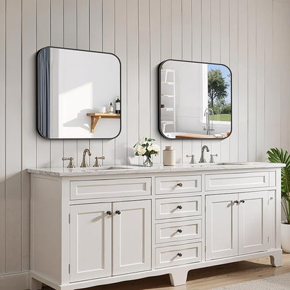 FORBATH Bathroom Mirror for Over Sink 24x24 Inch Black, Square Wall Mirror with Metal Frame, Rounded Corners for Bathroom, Bedroom, Entryway Décor