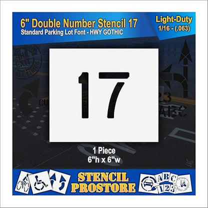 Pavement, Curb, and WheelStop Stencils - 6 inch Double Number Stencil - (17) - 6" x 6" x 1/16" (63 mil) - Light-Duty