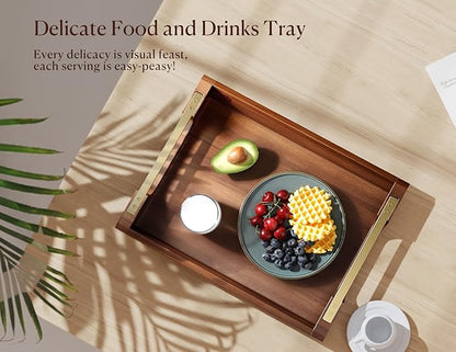 Acacia Wood Serving Tray with Metal Handles, 17x13in Large Ottoman Tray, Food Drinks Tray for Coffee Table, Breakfast, Dinner & Bar, Rustic Decorative Tray for Kitchen, Bedroom Gift Box