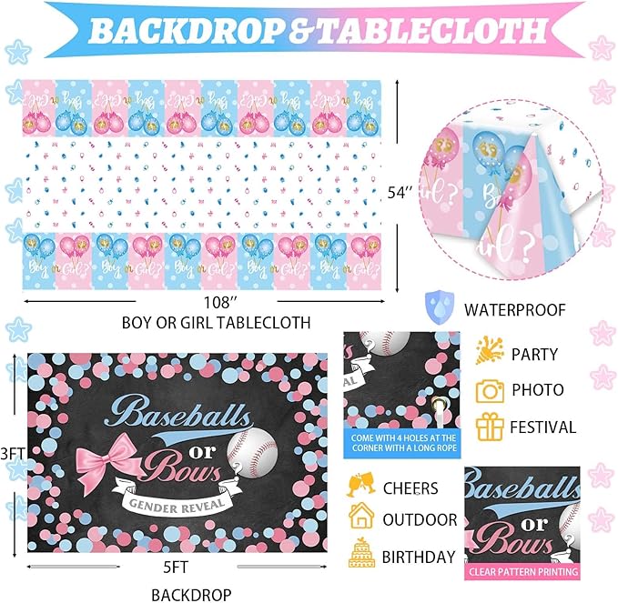 Hombae Baseball or Bows Gender Reveal Decorations, 171 PCs Boy or Girl Gender Reveal Decorations Backdrop Balloon Garland Banner Tablecloth Cake Cupcake Topper Box Cutout Poster Sash Pink Blue