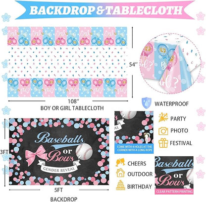 Hombae Baseball or Bows Gender Reveal Decorations, 171 PCs Boy or Girl Gender Reveal Decorations Backdrop Balloon Garland Banner Tablecloth Cake Cupcake Topper Box Cutout Poster Sash Pink Blue