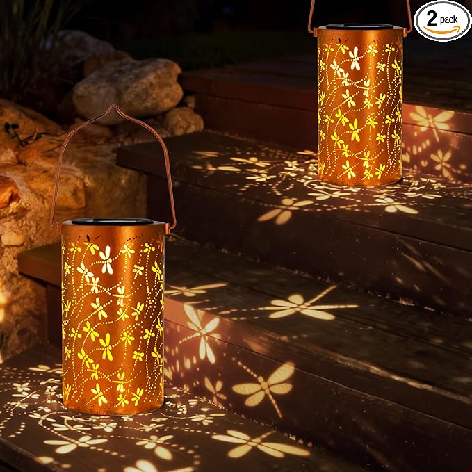 DIBIEECN Birthday Gifts for Women Mom Grandma Wife, Solar Lanterns Outdoor Waterproof, Metal Hanging Lights Garden Decor, LED Decorative Lantern for Patio Porch Backyard, Dragonfly, 2Pack