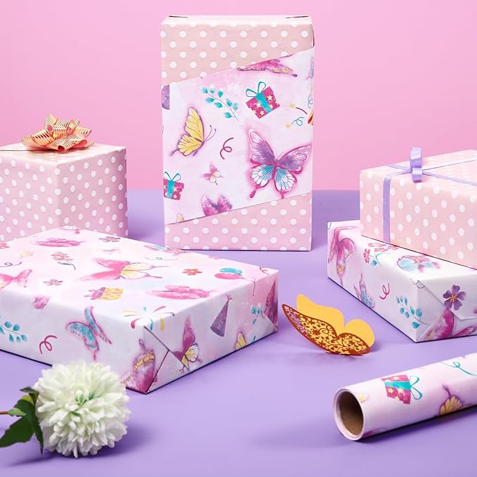 WERNNSAI Butterfly Wrapping Paper Roll - 1 Roll 17” x 33 ft Butterfly Fairy Wrapping Paper Pink Purple Flower Gift Packing for Kids Girls Birthday Baby Shower Bridal Shower Decor Reversible Polka Dot