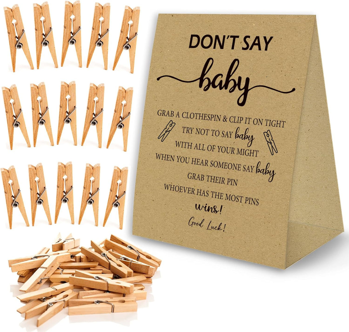Don't Say Baby Game For Baby Shower Clothespin Game, One 5x7 Kraft Sign And 50 Natural Clothespins, Minimal Style, Gender Neutral -NDSBB01