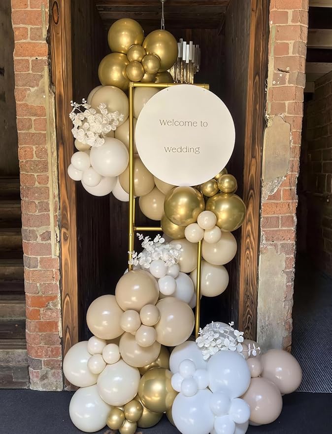 White Sand Gold Balloon Arch Garland Kit - 153Pcs Neutral Balloon Arch, White Beige Nude Balloons, Metallic Gold Latex Balloons for Birthday Baby Shower Baptism Wedding Boho Party Decorations