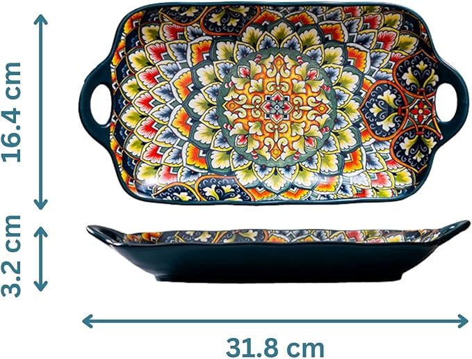 Serving Tray with Handles Rectangular Serving Platter Ceramic Extra Large Plates & Dishes Rectangle (Green)