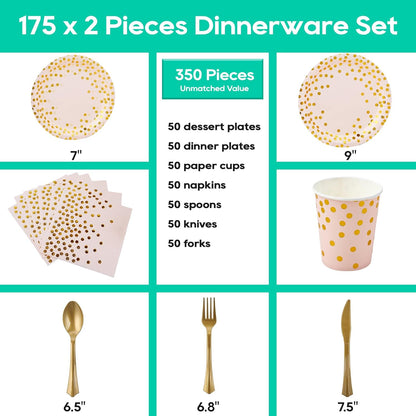 Pink and Gold Party Supplies - 350 PCS Disposable Dinnerware Set - Pink Paper Plates Napkins Cups, Gold Plastic Forks Knives Spoon for Graduation, Birthday, Thanksgiving, Cocktail Party