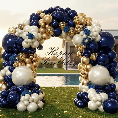 Navy Blue Gold Balloon Arch Garland Kit 153pcs, Double Stuffed Pearl White Royal Blue Chrome Gold Confetti Balloons for Birthday Graduation Baby Shower New Year Bridal Wedding Party Decoration