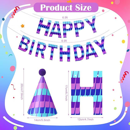 AmazingSpark 25 Pcs Video Game Birthday Party Decorations Set 24 Happy Birthday Hats with Pompoms 1 Banner for Blue and Purple Pixel Gaming Party Decorations