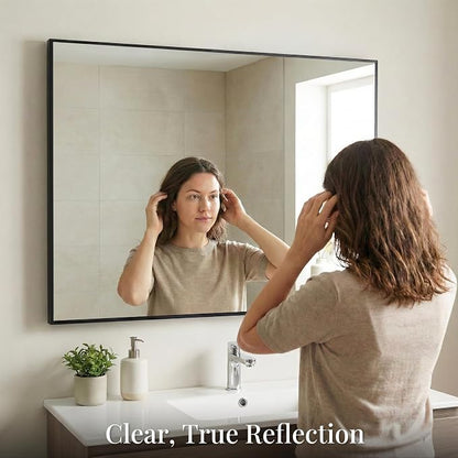 48"x36" Black Landscape Bathroom Mirror for 48-60 inch Vanity, Shatterproof Tempered Glass, Narrow Metal Frame, Large Mantle Mirror
