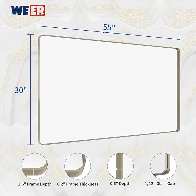 WEER 55X30 Inch Brushed Nickel Bathroom Mirror, Brushed Silver Metal Frame Mirror, Rounded Rectangle Silver Bathroom Vanity Mirror, Tempered Glass, Anti-Rust, Hangs Horizontally or Vertically