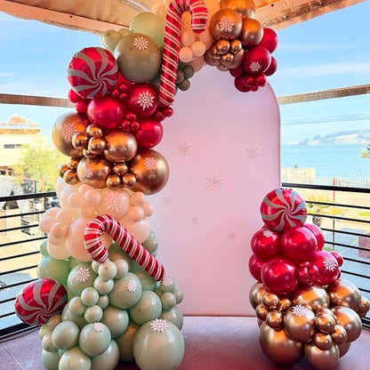 Christmas Balloon Garland Arch Kit, 111PCS Red Green Gold White Balloons with Lollipop Candy Cane Mylar Foil Balloon Arch for Xmas Party Holiday Wedding Birthday New Year Decorations