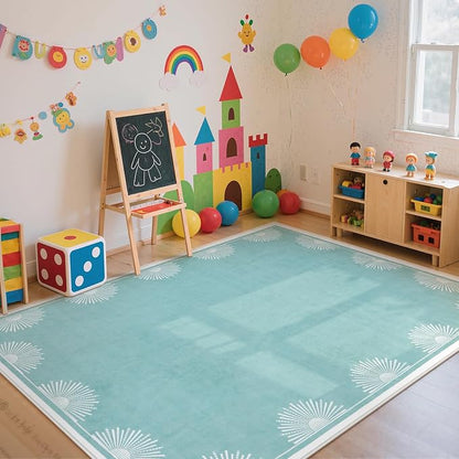 Hedlive Washable 5x7 Nursery Rug, Soft Low Pile Toddler Bedroom Area Rug, Aqua Sun Printed Carpets for Boys Girls Kids Baby Room Playroom Classroom Dorm Living(5'x7',Baby Blue)