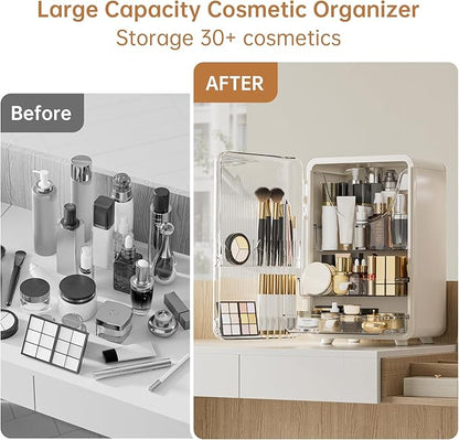 HAIXIN Makeup Organizer for Vanity, Large Capacity Skincare Organizer with Drawers, Top Opening Cosmetic Storage for Bathroom Countertop, Lipstick & Perfume Organizer (White)