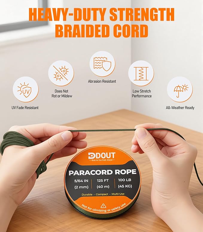 DDOUT 2mm Paracord 100lb, Thin Micro Paracord Rope, Green 125FT Nylon Cord for Crafting, DIY Projects, Fishing, Camping & Outdoor