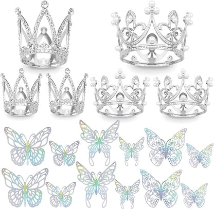 42PCS Crown Cake Topper Mini Tiara with 3D Butterfly Decoration Vintage Pearl Rhinestone Crown Cake Topper Cupcake Topper Cake Decoration for Birthday Wedding Anniversity Party Baby Shower (Silver)