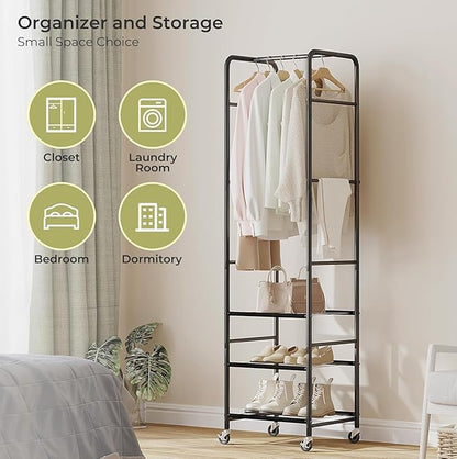 Easi 72" Tall Small Clothes Rack for Small Space, Narrow Rolling Garment Rack with 3-Tier Vinyl Shelves, Lightweight Stable Clothing Rack for Apartment, Bedroom, Laundry Room & Dorm, Black