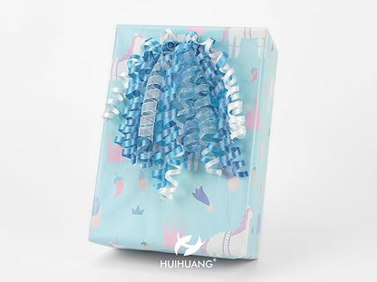 HUIHUANG Blue Bows for Gift Wrapping Blue and White Curly Bows with Self Adhesive & Twist Tie, 7 inch Gift Bow for Presents, Gift Basket, Baby Shower, Christmas Decor, Party Favors- 6 Counts