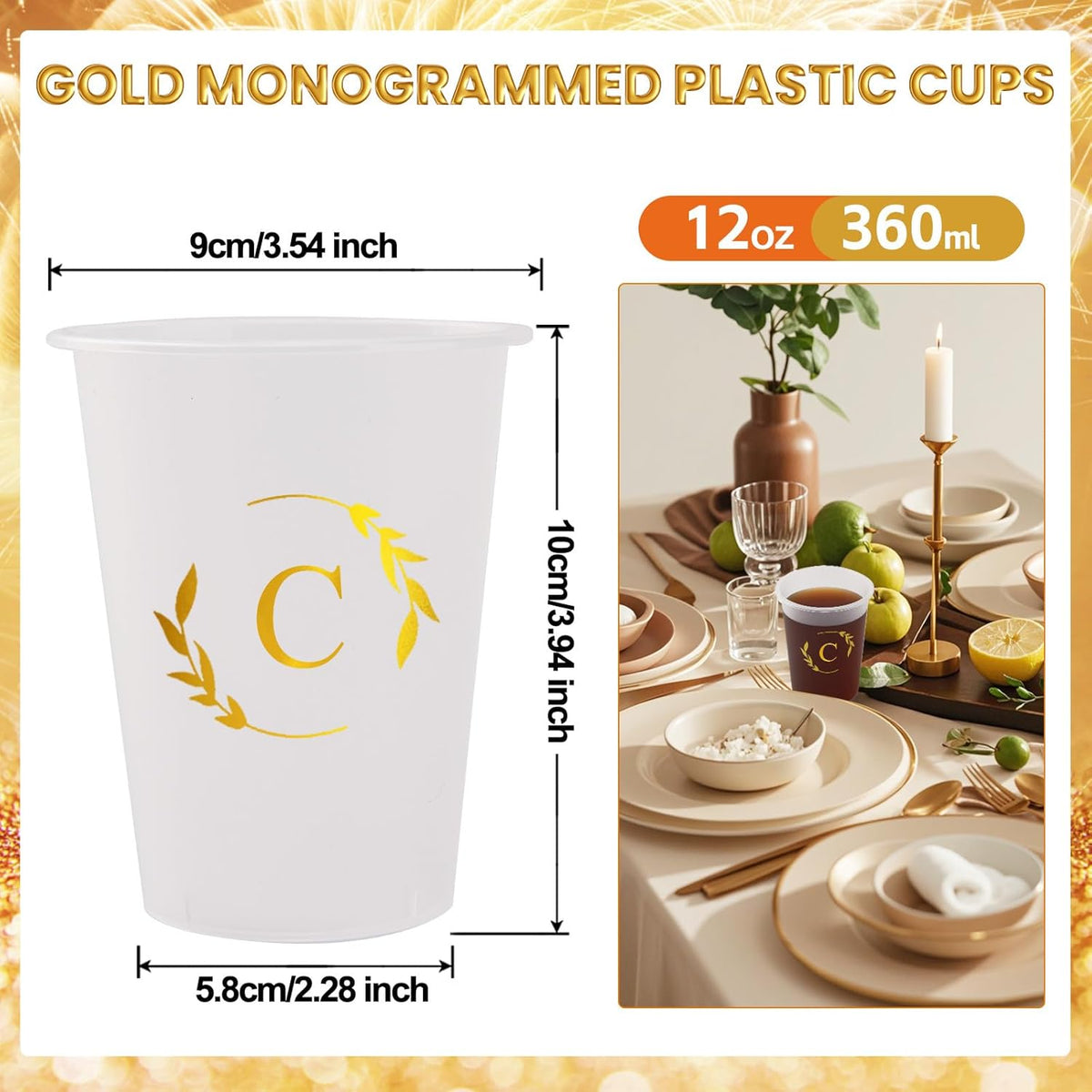 100 Monogrammed Cups Disposable Initial Plastic Cup 12 oz Wedding Personalized Cup for Wedding Reception Baby Shower Birthday Party(Letter C)