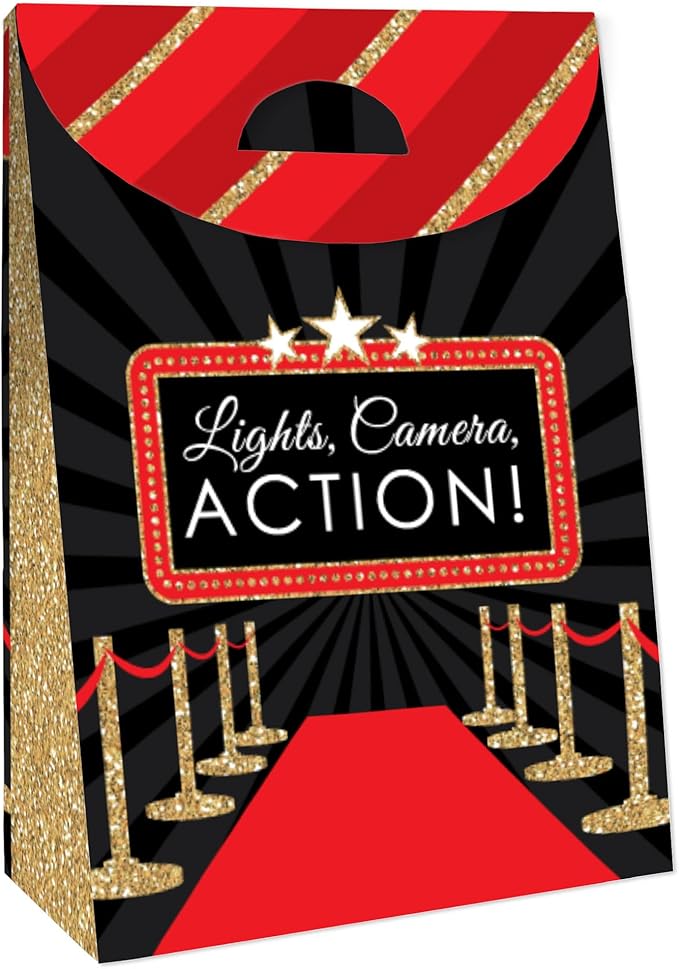 Big Dot of Happiness Red Carpet - Movie Night Gift Favor Bags - Party Goodie Boxes - Set of 12