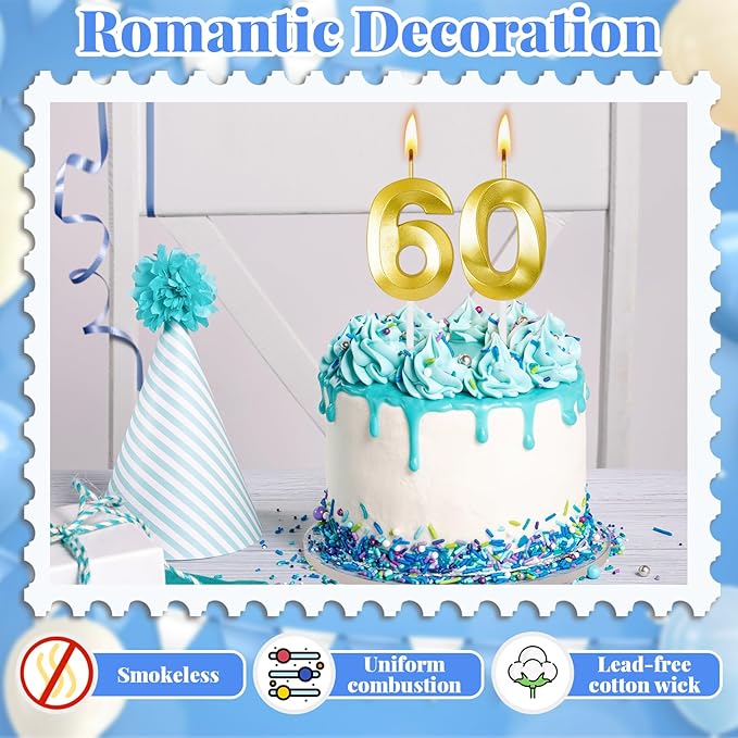 60th Birthday Candles for Cake,Birthday Decorations for Him Her,Number Candles for Cake Toppers Party Anniversary