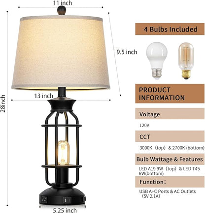 28" Vintage Table Lamps with USB C+A Ports & AC Outlet, Industrial Farmhouse Table Lamp Set of 2, Black Modern Nightstand Beside Lamps with 2 Night Light for Living Room Bedroom(4 LED Bulbs Included)