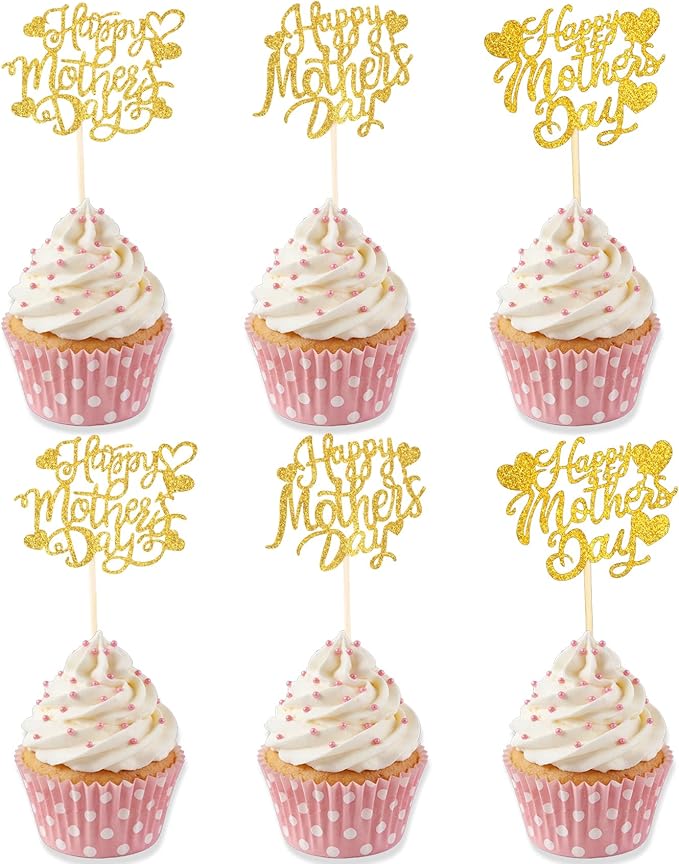 Happy Mothers Day Cake Topper, 24 Pcs Mothers Day Cupcake Toppers, Glitter Gold Happy Mother's Day Cupcake Toppers Food Picks Cake Decoraitons for Birthday Mothers Day Decorations