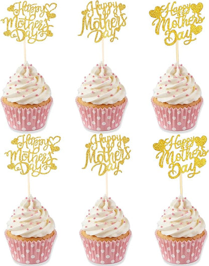 Happy Mothers Day Cake Topper, 24 Pcs Mothers Day Cupcake Toppers, Glitter Gold Happy Mother's Day Cupcake Toppers Food Picks Cake Decoraitons for Birthday Mothers Day Decorations