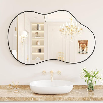 WEER Irregular Wall Mirror, 24x36 inch Black Asymmetrical Wall Mounted Mirrors Decorative, Abstract Wavy Aluminum Alloy Frame for Bathroom, Bedroom, Living Room, Entryway