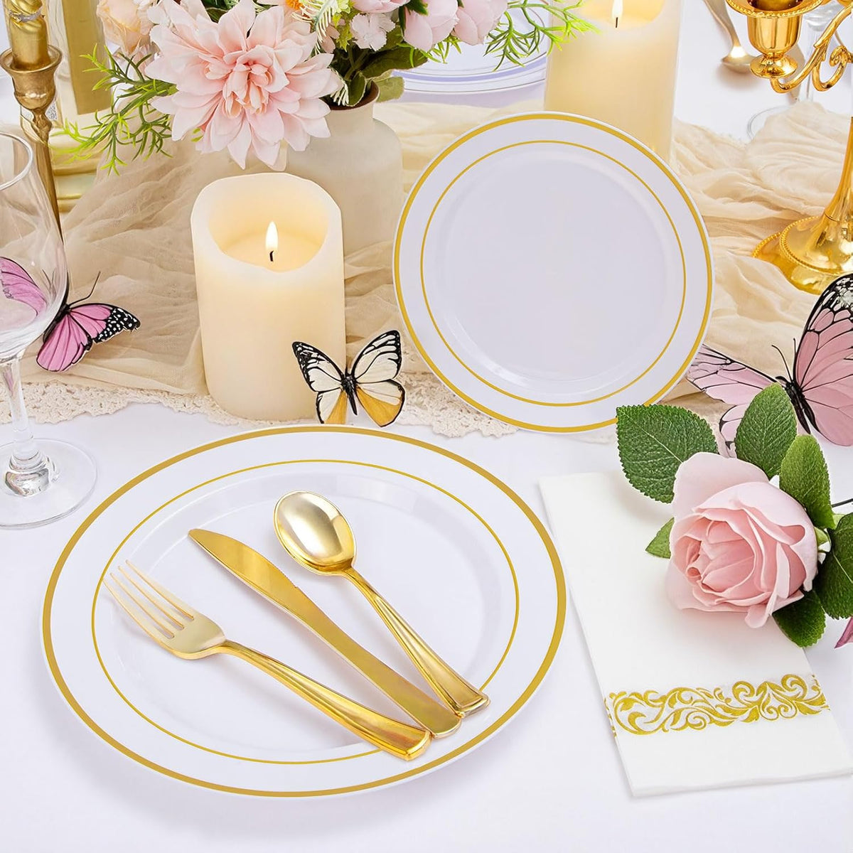Supernal 102pcs White and Gold Plastic Plates Disaposable Party Plates White Gold Rim Heavy duty, Fancy Gold Plastic Dinnerware Set included 51 Dinner & Dessert Plates for Party,Birthday and Wedding