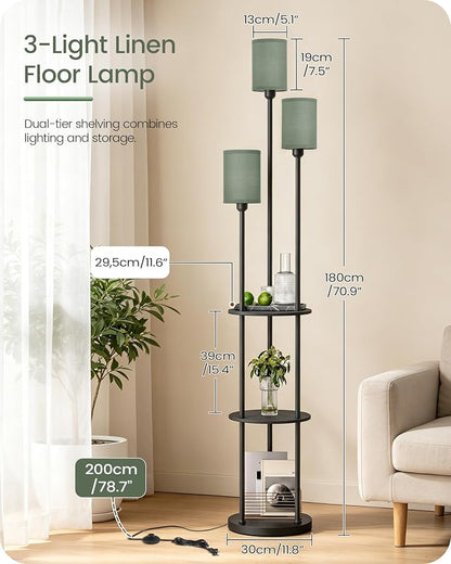 Floor Lamp with Shelves, Modern Floor Lamp with 3 Linen Shades and Foot Switch, 3-Light Standing Lamp, for Living Room, Bedroom, Study, Office, Black and Green J53LD05