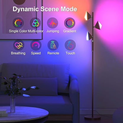 RGB Tree Floor Lamp for Living Room, Stepless Dimmable Tall Standing Lamp with Remote, Touch Control and 3 Rotatable Light, Bright LED Lights for Bedroom with 4 Color-Changing, Oil Rubbed Bronze