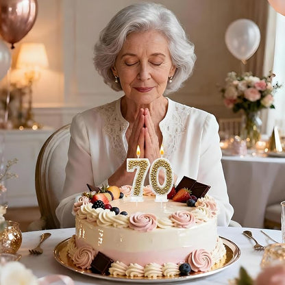 70 Birthday Number Candle for Cake, Glitter Number Candle with Gold Beads, Decorative Cake Topper for Milestone Celebrations