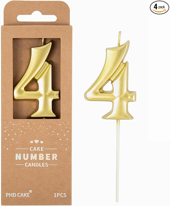PHD CAKE 2.76 Inch Elegant Gold 4 Number Birthday Candles, Gold Number Candles, Cake Number Candles, Party Celebration