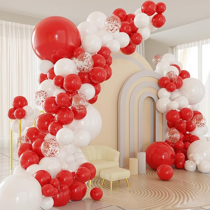 Red White Balloons Arch Kit, 124pcs Red and White Confetti Balloons with 16ft Tape Strip & Dot Glue for Graduation Birthday Baby Shower Wedding Party Decorations