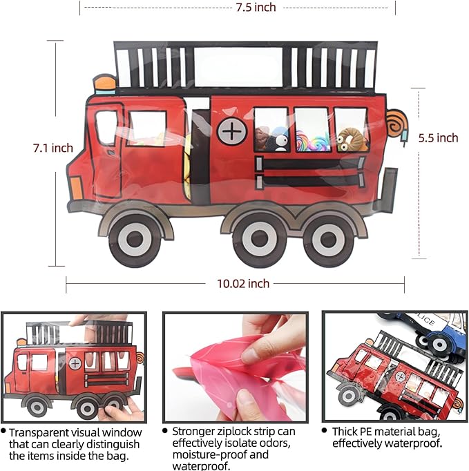 30 Pack Goodie Bags - Cartoon Firetruck Car Candy Treat Bags with Handle - Resealable, Small Plastic Ziplock Seal Gift Candy Bags for Party Favor, Birthday Bags