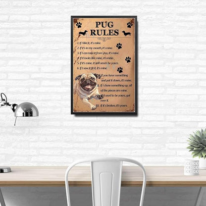 Metal Sign Tin Sign Vintage Wall Art Pug Rules Metal Sign for Bar 12×16 Inches with Metal Frame