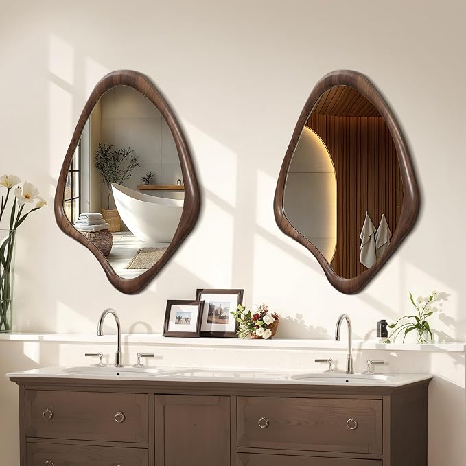 LuxenHome Asymmetrical Wall Mirror, 23"x 29" Classic Brown Irregular Mirror, Rustic Farmhouse Mirrors for Bathroom, Wall Mirrors Decorative for Bedroom Living Room Entryway Hall