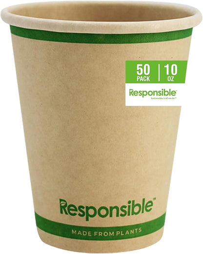 Responsible Products Certified Compostable 10 oz Paper Cups, Cold ＆ Hot Coffee Cups, Disposable Paper Cups, Extra Strength Disposable Cups, Made without PFAS (50 count)