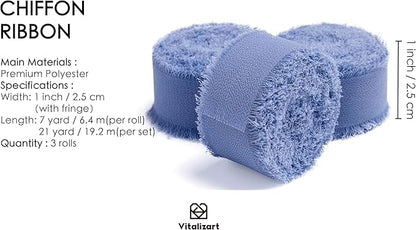 Vitalizart Dusty Blue Chiffon Silk Ribbon 1" x 21 Yd Fringe Fabric Package (3 Rolls * 7 Yd) for Wedding Invitations Bridal Bouquets Decorations Gifts Wrapping & Bow Making