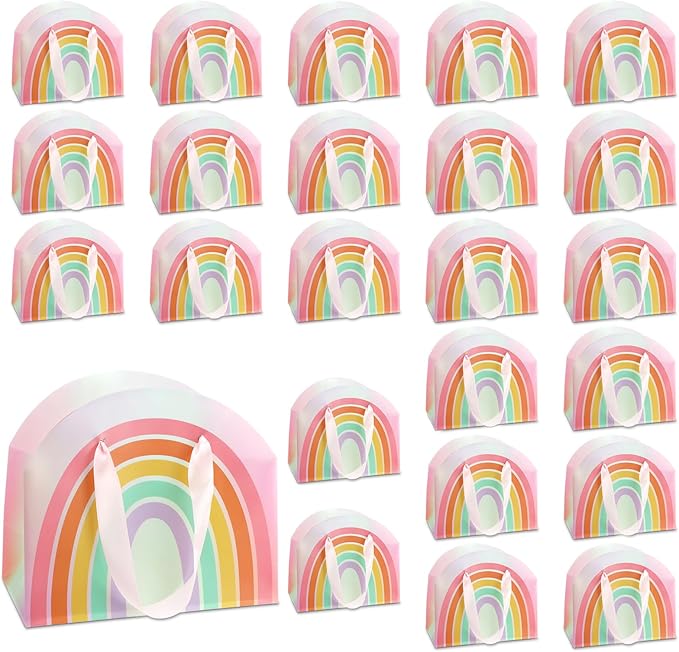 AmazingSpark 24 Pcs Rainbow Party Favor Bags 7.9 x 6.7 x 3.9 Inch Rainbow Gift Goodie Bags with Handles Colorful Treat Candy Gift Wrap for Birthday Baby Shower Wedding Party Favors Supplies