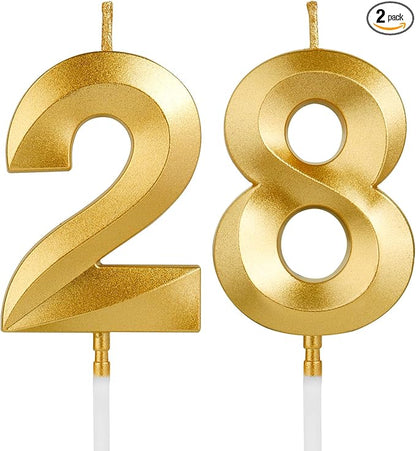 Birthday Candles, 1.96 Inch Number 28 Happy Birthday Candles, Number Candles Decoration for Birthday Party and Anniversary Celebration(Champagne Gold)