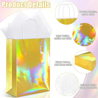 MIMIND 24 Pack Iridescent Paper Gift Bags with Handles Holographic Party Favor Bags with Tissue Paper 8.7 x 6.3 x 3.1 Inch Glitter Gold Foil Goodie Candy Bag for Wedding Baby Shower Birthday Party