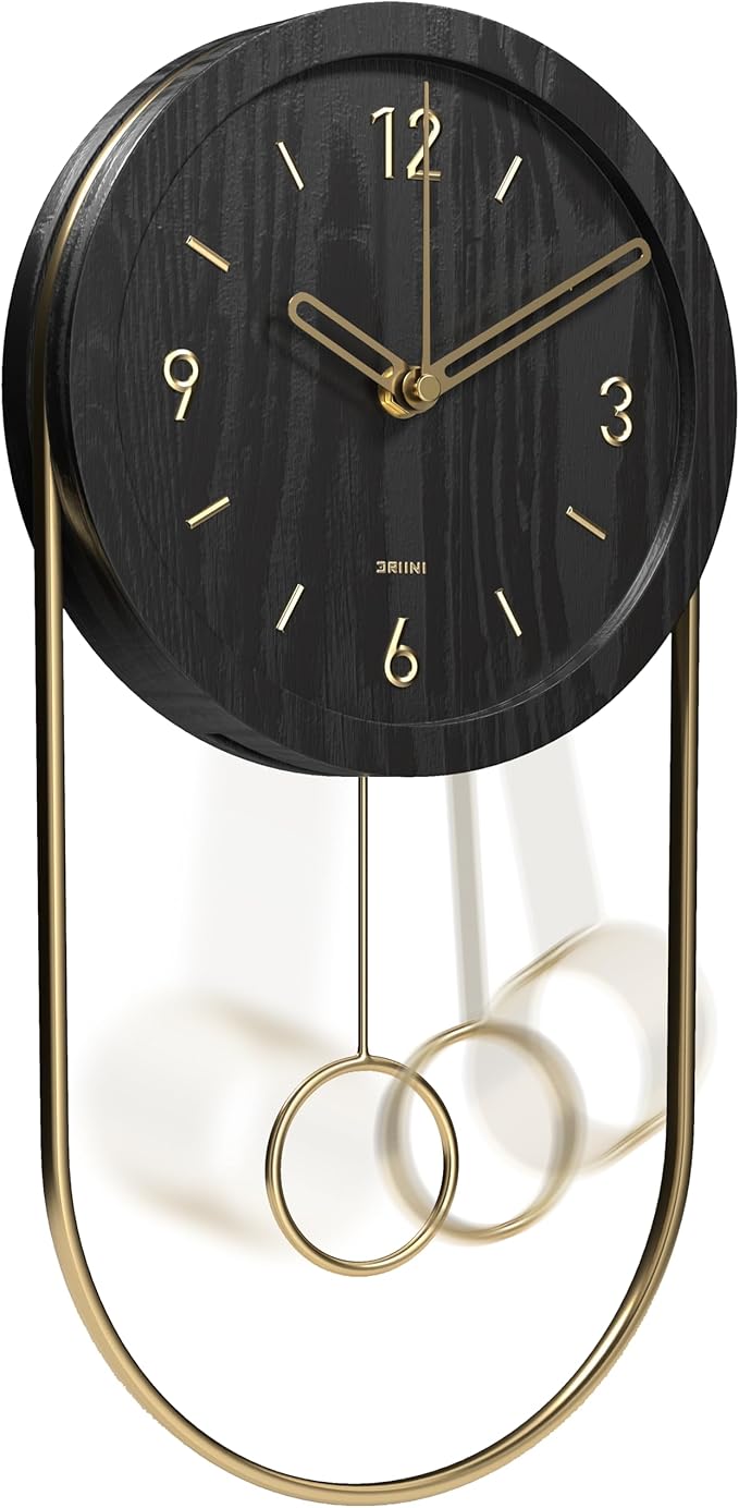 Driini Decorative Wall Clock with Pendulum (Black) – Modern Wood, 3D Gold Numbers, Metal Frame – Small, Unique Wall Clocks for Living Room Decor or Bathroom - Battery Operated, Silent, Non-Ticking