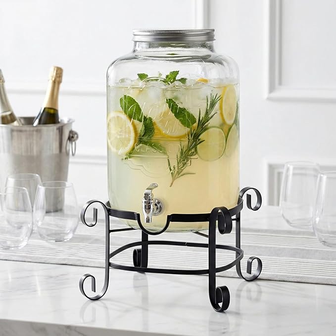 Style Setter Beverage Dispenser Cold Drink Dispenser w/ 3-Gallon Capacity Glass Jug, Metal Stand & Leak-Proof Acrylic Spigot Great for Parties, Weddings & More