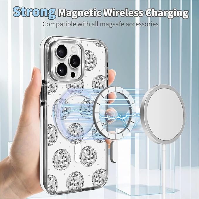 Case for iPhone 15 Pro,[Compatible with MagSafe],Disco Ball Grayish White Phone Case Design，for Women Girls Magnetic Clear Cover - Slim, Sleek, & Shockproof Protection