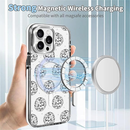 Case for iPhone 15 Pro,[Compatible with MagSafe],Disco Ball Grayish White Phone Case Design，for Women Girls Magnetic Clear Cover - Slim, Sleek, & Shockproof Protection